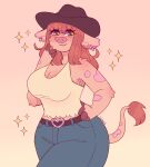  2025 2_horns 4_fingers anthro arm_tuft artist_name bangs belt belt_buckle big_breasts black_belt black_clothing black_fingers black_hat black_headwear blue_bottomwear blue_clothing blue_pants blush blush_lines bottomwear bovid bovine breasts brown_body brown_fur brown_hair brown_tail brown_tail_tuft buckle cattle cheek_tuft cleavage closed_smile clothed clothed_anthro clothed_female clothing colored cow_(suzeart) cowboy_hat cowgirl_outfit curvy_figure digital_drawing_(artwork) digital_media_(artwork) ear_piercing ear_ring elbow_tuft english_description eyelashes eyelashes_through_hair facial_tuft female female_anthro fingers fully_clothed fully_clothed_anthro fully_clothed_female fur fur_markings green_eyes green_pupils hair hand_on_hip hand_on_own_hip happy hat headgear headwear heart_buckle hi_res hooved_fingers hooves horn huge_thighs light lighting long_hair mammal markings mouth_closed multicolored_body multicolored_fur pants piercing pink_background pink_inner_ear pink_markings pink_snout pockets portrait pupils red_fingers ring_piercing shaded shirt simple_background smile solo sparkles suzeart tail tail_markings tail_tuft tan_clothing tan_shirt tan_tank_top tan_topwear tank_top text thick_thighs three-quarter_portrait topwear translucent translucent_hair tuft two_tone_tail wide_hipped_anthro wide_hipped_female yellow_horn 