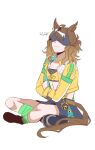  ... absurdres ahoge akasukiane04 animal_ears bandeau bra bra_on_head bra_over_eyes braid breasts brown_hair closed_mouth crossed_arms earrings full_body green_socks hair_between_eyes hair_ornament hairclip half_up_braid half_up_half_down_braid highres horse_ears horse_girl horse_tail jacket jewelry jungle_pocket_(champion's_battle_cry)_(umamusume) jungle_pocket_(umamusume) long_sleeves medium_hair midriff navel notched_ear object_on_head open_clothes simple_background single_earring single_loose_sock sitting skirt small_breasts socks speech_bubble spoken_ellipsis steel-toe_boots tail umamusume underwear white_background yellow_bandeau yellow_jacket 