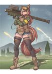  absurdres animal_ears armband boots bulletproof_vest cadpat callisto_(greyeth) canadian_flag choker denim denim_shorts fim-92_stinger fox_ears fox_girl fox_tail goggles goggles_on_headwear hat highres knee_pads localspaghetto looking_at_viewer microphone missile original patch rocket_launcher shorts shoulder_patch sky tail thighhighs tree weapon yellow_armband 