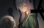  2girls chinese_commentary closed_mouth commentary_request from_behind from_side green_eyes green_pajamas grey_hair hair_tie heaven heaven_burns_red highres izumi_yuki kayamori_ruka kr_woyue long_hair multiple_girls pajamas snowball tearing_up 