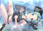  aqua_hair black_panties blue_eyes blush breasts bubble cleavage computer hair_bobbles hair_ornament kawashiro_nitori looking_at_viewer medium_breasts panties shin_(new) solo stylus tablet tank_top touhou two_side_up underwater underwear 