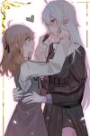  2girls absurdres ahoge applying_lipstick applying_makeup baiwei_lai blush breasts brown_hair closed_mouth cowboy_shot dress genderswap genderswap_(mtf) grey_eyes heart highres holding_another's_waist kanae_(nijisanji) kuzuha_(nijisanji) lipstick long_hair makeup mole mole_under_eye multiple_girls nijisanji open_mouth piercing pointy_ears red_eyes simple_background virtual_youtuber white_hair yuri 