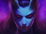  absurdres akasha_the_queen_of_pain blue_skin close-up defense_of_the_ancients demon_girl demon_horns dota_2 face highres horns joo_yann_ang light_smile lips long_hair looking_at_viewer nose purple_hair red_eyes skirt solo succubus 