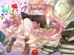  apple azuuru book book_stack boots candle cup dress flower food fruit globe hair_ribbon hat long_hair looking_at_viewer moon paper patchouli_knowledge pink_hair purple_eyes ribbon rose solo striped striped_dress tea teacup touhou very_long_hair vial 