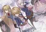  6+girls aikawa_megumi asakura_karen_(heaven_burns_red) black_capelet black_hair black_hat blonde_hair blue_eyes braid brown_eyes brown_hair building capelet closed_eyes closed_mouth glasses green_eyes grey_hair hat heaven_burns_red highres holding holding_sword holding_weapon izumi_yuki kayamori_ruka kr_woyue kunimi_tama multiple_girls pink_hair red_eyes ribbon school_uniform skyscraper sword team_31a_(heaven_burns_red) toujou_tsukasa weapon white_ribbon 