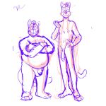  2026 anthro casual_nudity domestic_cat duo eyebrows felid feline felis freckles fur genitals guide_lines hi_res long_penis male male_anthro mammal nude osmond_(p_rindustries) p_rindustries penis pompadour pubes sketch slightly_chubby slim smile standing teeth_showing thick_eyebrows wilt_(p_rindustries) 