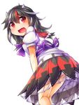  bent_over black_hair dress fang fun_bo horns kijin_seija multicolored_hair open_mouth print_dress puffy_short_sleeves puffy_sleeves red_eyes sash short_sleeves solo streaked_hair touhou upskirt 