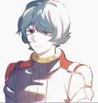  1boy alternate_costume blue_eyes blue_hair closed_mouth gundam hair_between_eyes kamille_bidan kasumi_(skchkko) looking_at_viewer male_focus mecha_pilot_suit military_uniform normal_suit_(gundam) short_hair simple_background solo titans_(gundam) white_background zeta_gundam 
