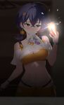 1girl 4kebidayo absurdres ahoge bare_shoulders belle_(summer_skies)_(zenless_zone_zero) belle_(zenless_zone_zero) bikini bikini_top_under_shirt bikini_under_clothes black_nails blue_hair blush bracelet breasts cleavage cleavage_cutout closed_mouth clothes_in_mouth clothes_lift clothing_cutout collarbone commentary_request cowboy_shot crop_top crossed_bangs earrings flashing flashing_light green_eyes hair_between_eyes hair_ornament hand_up highres holding holding_phone jewelry letter_hair_ornament medium_breasts mouth_hold navel off-shoulder_shirt off_shoulder official_alternate_costume orange_bikini orange_shorts phone see-through_clothes see-through_shirt selfie shirt shirt_in_mouth shirt_lift short_hair shorts solo sphere_hair_ornament swimsuit taking_picture zenless_zone_zero 