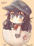  akatsuki_(kantai_collection) anchor_symbol artist_name black_hair blush chibi dated eggshell hair_between_eyes hat hatching kantai_collection long_hair long_sleeves looking_at_viewer neckerchief orange_background pointing pointing_at_self red_neckwear school_uniform serafuku signature simple_background solo yumi_yumi 