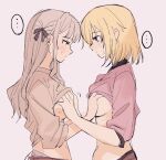  2girls bang_dream! bang_dream!_it's_mygo!!!!! blonde_hair blush breasts clothes_lift groping large_breasts long_hair medium_breasts misumi_uika multiple_girls open_mouth purple_eyes shirt_lift short_hair sidelocks simple_background sweatdrop three-quarter_sleeves togawa_sakiko tpt3p white_background yellow_eyes yuri 