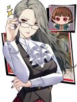  2girls adjusting_eyewear ascot black_vest braid breasts brown_hair chibi chibi_inset closed_mouth cosplay crown_braid dick_gumshoe dick_gumshoe_(cosplay) earrings english_commentary glasses grey_hair jacket jewelry long_hair long_sleeves looking_at_viewer medium_breasts medium_hair miles_edgeworth miles_edgeworth_(cosplay) multiple_girls niijima_makoto niijima_sae pant_suit pants persona persona_5 purple_nails rectangular_eyewear red_eyes shirt siblings sisters suit upper_body vest waistcoat wanderstillart white_ascot white_shirt 
