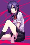  alternate_hairstyle artist_name black_legwear black_skirt bow hair_over_one_eye highres hiroki_(hirokiart) kirishima_touka long_hair purple_eyes purple_hair school_uniform short_sleeves sitting skirt socks solo tokyo_ghoul 