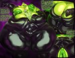 anthro anus bodily_fluids butt clothing dominant dominant_male duo english_text entrapment gastropod goblin hi_res humanoid inside_clothing justmegabenewell latex latex_clothing male male/male mollusk moobs nipples outline overweight slug slug_(justmegabenewell) standing sweat text