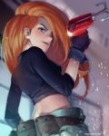  artist_name black_gloves blurry character_name commentary depth_of_field fanny_pack from_behind glint gloves grappling_hook green_eyes kawacy kim_possible kimberly_ann_possible lipstick long_hair looking_at_viewer looking_back makeup orange_hair raglan_sleeves smile solo 