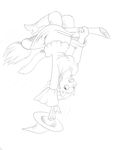  accidental anthro boots broom cat clothing feline female flying greyscale hat high_heels holding immelmann line_art magic_user mammal midair monochrome on_top oops open_mouth pawpads plain_background reaching shirt skirt solo straddling upside_down white_background wind witch witch_hat worried 