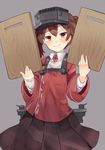  brown_eyes brown_hair crying crying_with_eyes_open cutting_board highres kantai_collection long_hair looking_at_viewer pleated_skirt ryuujou_(kantai_collection) skirt solo sumisu_(mondo) tears twintails visor_cap 
