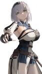  1girl absurdres armor armored_dress black_thighhighs breasts cleavage_cutout clothing_cutout collared_dress double-parted_bangs dress green_eyes grey_hair highres hololive large_breasts leather_belt mole mole_on_breast pelvic_curtain shirogane_noel shirogane_noel_(1st_costume) short_dress short_hair solo thighhighs thomas_8000 virtual_youtuber 