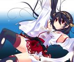  arm_up bad_id bad_pixiv_id bare_shoulders black_hair detached_sleeves frilled_skirt frills hairband haruna_(kantai_collection) haruta_(806060) highres kantai_collection lace lace-trimmed_thighhighs long_hair nontraditional_miko pleated_skirt red_eyes red_skirt sinking skirt solo submerged tears thighhighs torn_clothes torn_legwear torn_skirt torn_sleeves underwater 