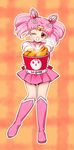  1girl ;d bishoujo_senshi_sailor_moon boots bow chibi_usa chicken_(food) choker double_bun earrings elbow_gloves food gloves hair_ornament jewelry knee_boots leotard looking_at_viewer magical_girl miniskirt one_eye_closed open_mouth pink_hair pleated_skirt red_eyes sailor_chibi_moon sailor_collar short_twintails skirt smile solo t_growing tiara twintails white_gloves wink 