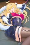  1girl 4kebidayo absurdres ahoge bare_shoulders black_skirt blonde_hair breasts brown_thighhighs chalky_(zenless_zone_zero) cissia_(zenless_zone_zero) closed_eyes commentary_request cowboy_shot detached_sleeves fangs hair_between_eyes hair_ornament hairclip highres indoors large_breasts long_hair lying metal_wrist_cuffs miniskirt on_back open_mouth pink_nails pom_pom_(clothes) pom_pom_hair_ornament skirt snake snake_girl snake_tail tail thighhighs underboob white_snake zenless_zone_zero 