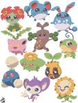  :3 :d absurdres aipom azumarill bellossom blush blush_stickers chibi chibi_only closed_eyes closed_mouth commentary_request full_body grin highres hoppip jumpluff marill nostrils open_mouth pokemon pokemon_(creature) pokemon_focus politoed signature simple_background skiploom smile sudowoodo sunflora sunkern t_tsudaka teeth white_background yellow_eyes 