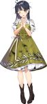  1girl ahoge animal black_boots black_hair boots brown_eyes burnt_clothes dress drew_(drew213g) flower full_body green_dress holding kantai_collection long_hair neck_flower official_alternate_costume official_art one_eye_closed open_mouth own_hands_clasped own_hands_together pet pigeon-toed rose shirt short_sleeves simple_background skirt solo tachi-e transparent_background ushio_(13th_anniversary)_(kancolle) ushio_(kancolle) v white_flower white_shirt 