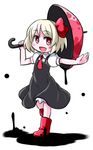  :d blonde_hair boots darkness dripping fang full_body hair_ribbon kugelschreiber necktie open_mouth outstretched_arm puffy_short_sleeves puffy_sleeves red_eyes ribbon rumia short_hair short_sleeves simple_background skirt smile solo touhou umbrella vest white_background wing_collar 