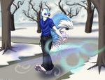  5_fingers 5_toes anthro barefoot blue_fur blue_sclera clothing fluffy_tail fur hand_in_pocket human_hands immelmann looking_at_viewer magic magic_user male mammal melting no_pupils pants park paws pince-nez relaxing shirt skunk snow solo suspenders toes tree walking white_fur winter 