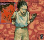  2boys akira_(manga) black_hair cowboy_shot drooling furrowed_brow gloves hairline kaneda_shoutarou_(akira) male_focus multiple_boys open_mouth pants pill plastiboo shima_tetsuo shirt_tucked_in short_hair smile_lines sweat tank_top veiny_head white_tank_top 