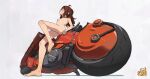  1girl ahoge akira_(manga) artist_self-insert breasts brown_hair commentary completely_nude english_commentary freckles highres kaneda_shoutarou's_bike leaning_against_motorcycle lips long_hair nail_polish nipples nude original public_indecency public_nudity pussy pussy_peek sibi sibi_(sibi) small_breasts solo thick_eyebrows toenail_polish toenails toes white_background 