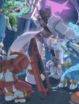  1girl 2boys absurdres armor battle blue_armor blue_helmet cannon energy_sword fairy_leviathan_(mega_man) fighting_fefnir_(mega_man) helmet highres holding holding_cannon holding_sword holding_weapon ice_dragon mecha mega_man_(series) mega_man_zero_(series) mega_man_zero_3 midair multiple_boys omega_(mega_man) omochi_(mochi_skymega) polearm robot sage_harpuia_(mega_man) spear standing sword weapon white_armor 