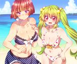  bad_id bad_pixiv_id bare_shoulders beach bikini blush bob_cut breasts brown_hair cleavage cloud day green_eyes hair_bobbles hair_ornament highres holding_hands interlocked_fingers large_breasts long_hair miyabi_mahore multiple_girls natsu_hotaru navel ocean original outdoors pink_hair purple_eyes short_hair skirt sky smile swimsuit water 