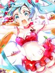  aqua_eyes aqua_hair blueberry food fruit hatsune_miku keepout leg_garter long_hair navel open_mouth outstretched_arms pancake skirt solo spread_arms strawberry tattoo thighhighs twintails very_long_hair vocaloid 