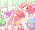  bad_id bad_pixiv_id bed bra heart heart_pillow looking_at_viewer lying on_back original panties pillow red_eyes semausa short_hair side-tie_panties socks solo striped striped_legwear stuffed_animal stuffed_bunny stuffed_toy thighhighs underwear underwear_only 