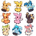  absurdres blush closed_mouth cosplay eevee eevee_(cosplay) espeon espeon_(cosplay) flareon flareon_(cosplay) glaceon glaceon_(cosplay) highres jolteon jolteon_(cosplay) leafeon leafeon_(cosplay) mimikyu multiple_views no_humans pokemon pokemon_(creature) sevi_(seviyummy) simple_background sparkle sylveon sylveon_(cosplay) umbreon umbreon_(cosplay) vaporeon vaporeon_(cosplay) white_background 
