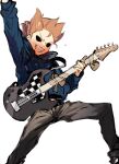  1boy animification arm_up bad_id bad_twitter_id bass_guitar black_pants blue_hoodie brown_hair drawstring eddsworld feet_out_of_frame fender_precision_bass grin highres holding holding_bass_guitar holding_instrument hollow_eyes hood hood_down hoodie instrument k3vccitq long_sleeves male_focus music painttool_sai_(medium) pants playing_bass_guitar playing_instrument short_hair simple_background smile solo spiked_hair susan_(eddsworld) sweat tape tom_(eddsworld) white_background 