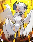  1girl absol asymmetrical_horns bandaged_arm bandages bare_shoulders black_claws black_shoes blue_horns bright_pupils claws commentary_request dark-skinned_female dark_skin dress feathered_wings full_body highres horns leg_warmers looking_at_viewer mega_absol neck_fur one_eye_covered personification pokedex_number pokemon red_eyes sakutake_(ue3sayu) shoes simple_background sitting sleeveless sleeveless_dress solo sweater sweater_dress white_fur white_hair white_leg_warmers white_pupils white_wings wings yellow_background 