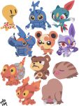  :3 absurdres chibi chibi_only claws closed_eyes commentary_request fire full_body hair_over_eyes heracross highres hisuian_sneasel magcargo mega_heracross mega_pokemon no_humans nostrils piloswine pokemon pokemon_(creature) pokemon_focus red_eyes regional_and_normal shuckle signature simple_background slugma smile sneasel swinub t_tsudaka teddiursa tusks ursaring white_background |_| 