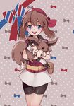  bandana bike_shorts blue_eyes bow brown_hair eevee fanny_pack gen_1_pokemon gloves haruka_(pokemon) holding looking_at_viewer open_mouth pokemon pokemon_(creature) pokemon_(game) pokemon_rse ribbon syerii two_side_up 