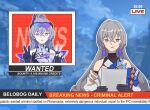  2girls :< announcer arm_scarf armband bandana_around_arm bare_shoulders black_gloves breaking_news bronya_rand commentary darnuks double_v dress drill_hair earrings english_commentary english_text eyewear_on_head fingerless_gloves flat_screen_tv gloves grey_eyes grey_hair hair_between_eyes highres honkai:_star_rail honkai_(series) jacket jewelry long_hair multiple_girls news news_ticker open_clothes open_jacket red_armband reporter scanlines silver_wolf_(honkai:_star_rail) silver_wolf_(lv.999)_(honkai:_star_rail) single_fingerless_glove television tinted_eyewear v watching_television white_dress 
