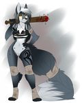  2014 aimi anthro baseball_bat black_nose blood breasts canine clothing female fox fur glowing glowing_eyes hair long_hair mammal plain_background pussy solo standing torn_clothing white_background yellow_eyes 