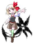  :d alternate_costume blonde_hair darkness fang green_legwear hair_ribbon kugelschreiber open_mouth red_eyes ribbon rumia shirt short_hair short_sleeves shorts simple_background smile solo t-shirt thighhighs touhou white_background 