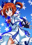  :d absurdres bow fingerless_gloves gloves highres looking_at_viewer lyrical_nanoha magical_girl mahou_shoujo_lyrical_nanoha mahou_shoujo_lyrical_nanoha_a's open_hand open_mouth purple_eyes red_bow red_hair short_hair smile solo star starry_background takamachi_nanoha tappa_(esperanza) twintails 