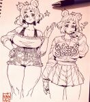  ...? 1girl ahoge animal_ears artist_logo bare_shoulders bear_ears bear_girl breasts cleavage closed_mouth collarbone commentary_request cropped_legs dated finger_to_mouth frilled_shirt frills hand_up high-waist_shorts high-waist_skirt highres kumako_(poch4n) large_breasts light_blush logo long_sleeves looking_at_viewer looking_to_the_side medium_hair monochrome multiple_views off-shoulder_shirt off_shoulder open_mouth original paper_background pen_(medium) photo_(medium) pleated_skirt poch4n print_sweater shirt shorts skirt smile sweater thick_eyebrows thick_thighs thighs traditional_media 