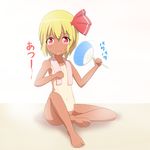  barefoot blonde_hair cato_(monocatienus) convenient_leg fan fanning fanning_face flat_chest hot navel nude one-piece_tan paper_fan red_eyes rumia sand short_hair sitting solo sweat tan tanline touhou towel translated uchiwa 
