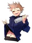  1boy alcohol animification bad_id bad_twitter_id black_pants black_shirt blue_hoodie bottle brown_hair clothes_lift commentary drunk ear_piercing eddsworld highres holding holding_bottle hood hood_down hoodie inactive_account k3vccitq lifting_own_clothes long_sleeves male_focus navel navel_piercing one_eye_closed open_mouth painttool_sai_(medium) pants piercing shirt shirt_lift short_hair simple_background sketch smile solo sweat tom_(eddsworld) vodka white_background 