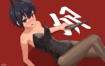  1girl absurdres akts625 androgynous animal_ear_hairband animal_ears annoyed bare_shoulders black_hair black_hairband black_leotard blush breasts bright_pupils chinese_zodiac collarbone colt_1851_navy commentary covered_navel elbow_rest embarrassed english_commentary eyelashes fake_animal_ears from_above from_side grey_pantyhose gun hair_between_eyes hairband highres holding holding_gun holding_weapon kino_(kino_no_tabi) knee_up leotard looking_at_viewer looking_to_the_side looking_up lying nose_blush on_back open_mouth oversized_breast_cup pantyhose playboy_bunny purple_eyes rabbit_ear_hairband rabbit_ears red_background revolver shadow short_hair simple_background small_breasts solo strapless strapless_leotard tomboy translated trigger_discipline v-shaped_eyebrows very_short_hair wavy_mouth weapon year_of_the_rabbit 