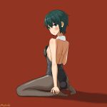  1girl :/ akts625 androgynous angry annoyed artist_name backless_leotard backless_outfit bare_back bare_shoulders black_leotard blush breasts closed_mouth commentary detached_collar embarrassed english_commentary fake_tail from_behind from_side full_body green_eyes green_hair grey_pantyhose hair_between_eyes hand_on_own_foot highres jitome kino_(kino_no_tabi) kino_no_tabi kneeling leotard looking_at_viewer looking_back looking_to_the_side no_animal_ears no_shoes on_ground oversized_breast_cup pantyhose playboy_bunny rabbit_tail red_background sanpaku shadow short_hair shoulder_blades signature small_breasts soles solo spine strapless strapless_leotard tail tomboy twitter_username v-shaped_eyebrows very_short_hair 