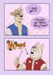  2025 anthro canid canine clothed clothing comic costume dexter_(p_rindustries) duo english_text frown fur halloween harry_potter_(series) hi_res holidays hood jacket kevin_(p_rindustries) letterman_jacket male male_anthro mammal mummy_wrappings open_clothing open_jacket open_topwear p_rindustries purple_background robe simple_background speech_bubble tan_body tan_fur text topwear wand white_body white_fur wizard101 